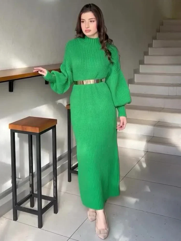 TARUXY Knitted Long Dress With Belt Women\'s Turtleneck Pullover Solid Sweater Dresses Fashion Long Sleeve Holiday Party Clothes
