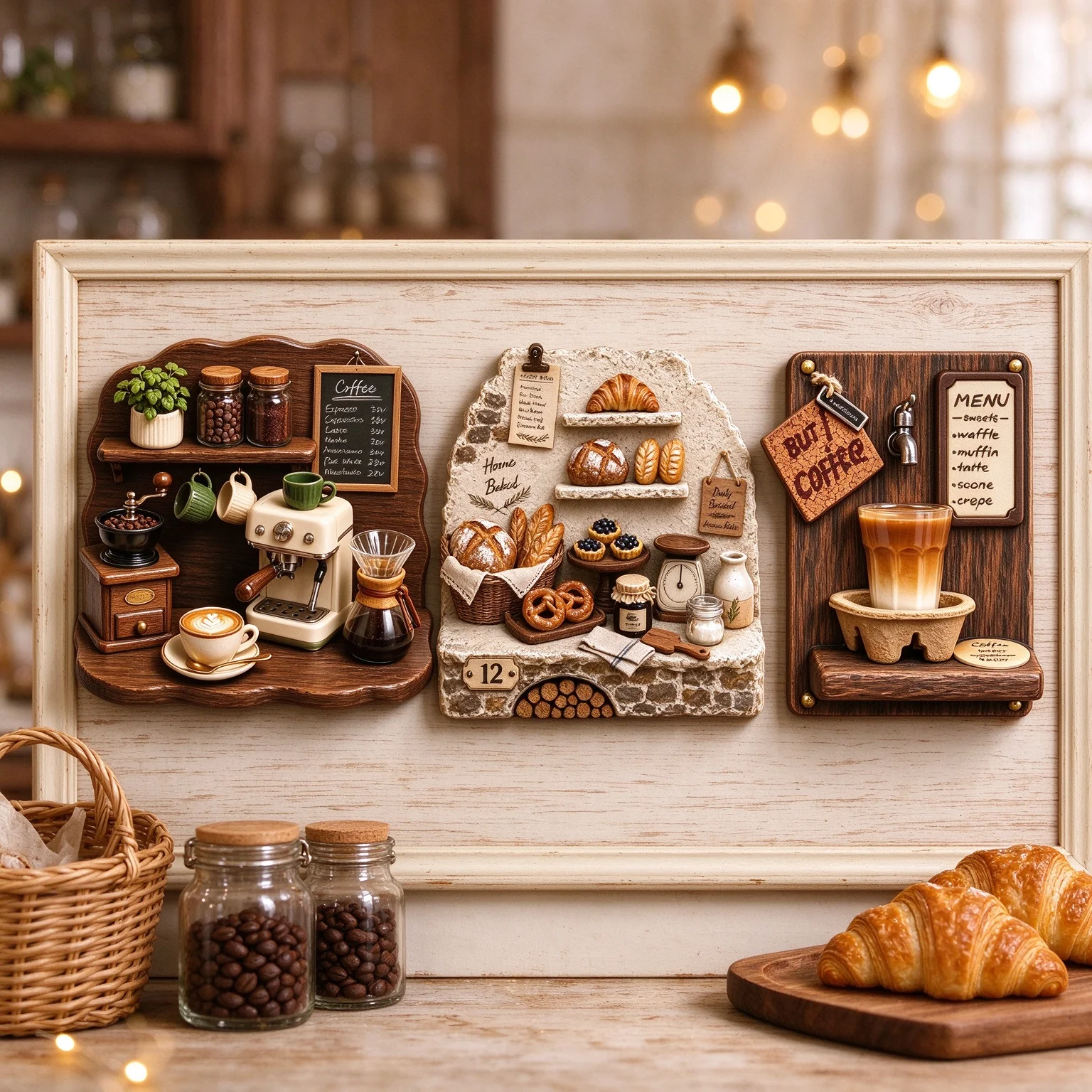 Retro French Cafe Bakery Refrigerator Magnets, 3D Look Wooden Coffee Bar & Bread Shop Fridge Magnets, Kitchen Wall Decor Gift Fo