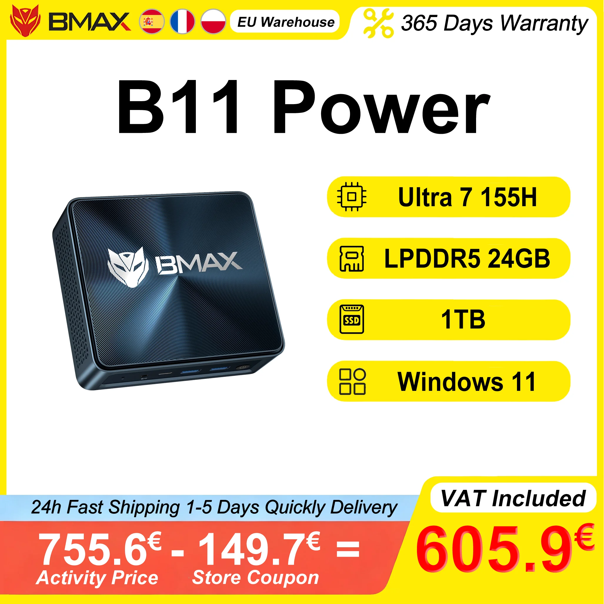 BMAX B11 Power Mini PC Intel Core Ultra 7 155H 24 GB LPDDR5 4400MHz RAM 1 TB SSD Windows 11 Pro WiFi 6 Bluetooth 5.2 HDMI typu C