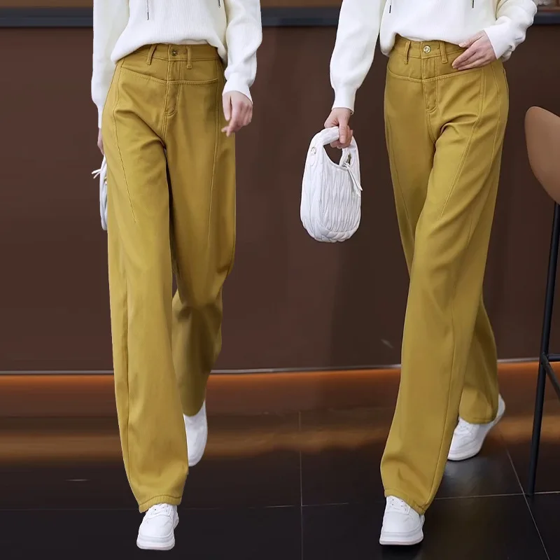 

Желтые широкие джинсы Scimitar для женщин, весенне-осенние новые утягивающие брюки с высокой талией, ранняя осень, повседневная коса, прямые брюки Pa