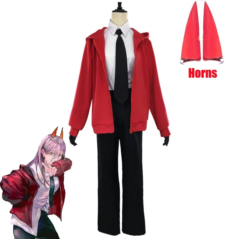 

Anime Chainsaw Man Power Pawa Cosplay Costume With Horn Hairpins Blood Fiend Long Blonde Wig Halloween Party Carnival Red Outfit