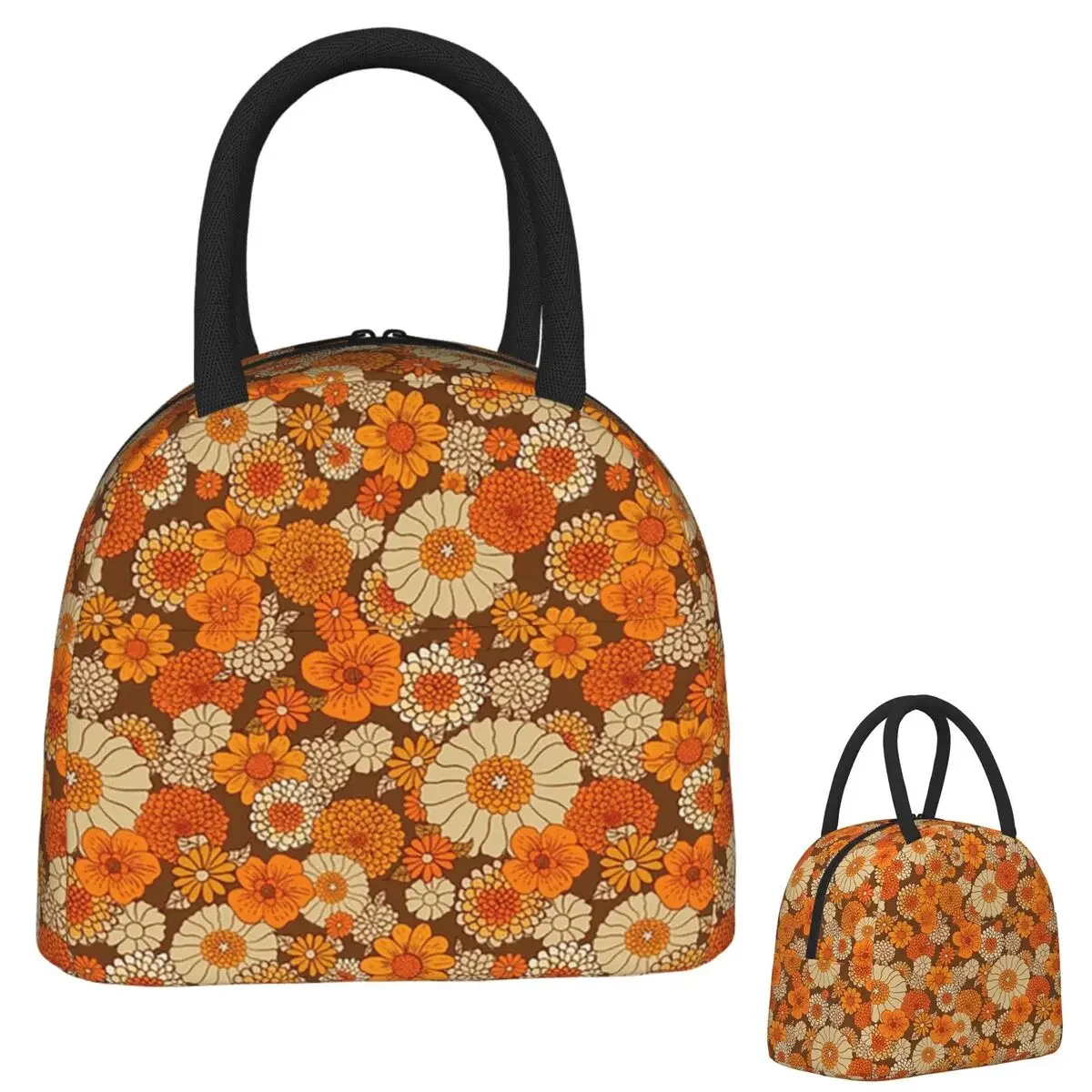 70s Retro Daisies Vintage Flower Power Orange And Brown Boho Insulated Lunch Bag for Women Kids Thermal Lunch Box Tote