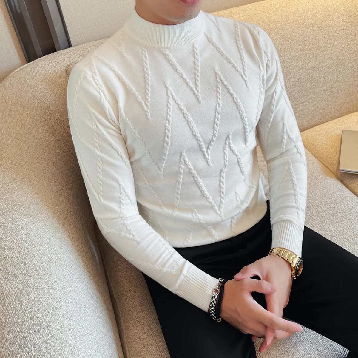 

Autumn Winter Men's Half High Neck Sweater Korean Jacquard Slim Fit Casual Knit Sweater Casual Base Sweaters Men Clothing