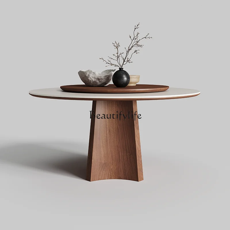 

Travertine rock slab round dining table with turntable modern simple high-end black walnut solid wood round table