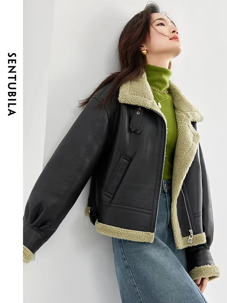 

SENTUBILA Teddy-lined Winter Warm Leather Jackets Women 2024 Streetwear Moto Biker Jacket Zipper Short Coat Outerwear W44P58533X