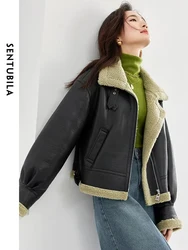 SENTUBILA Teddy-lined Winter Warm Leather Jackets Women 2024 Streetwear Moto Biker Jacket Zipper Short Coat Outerwear W44P58533X