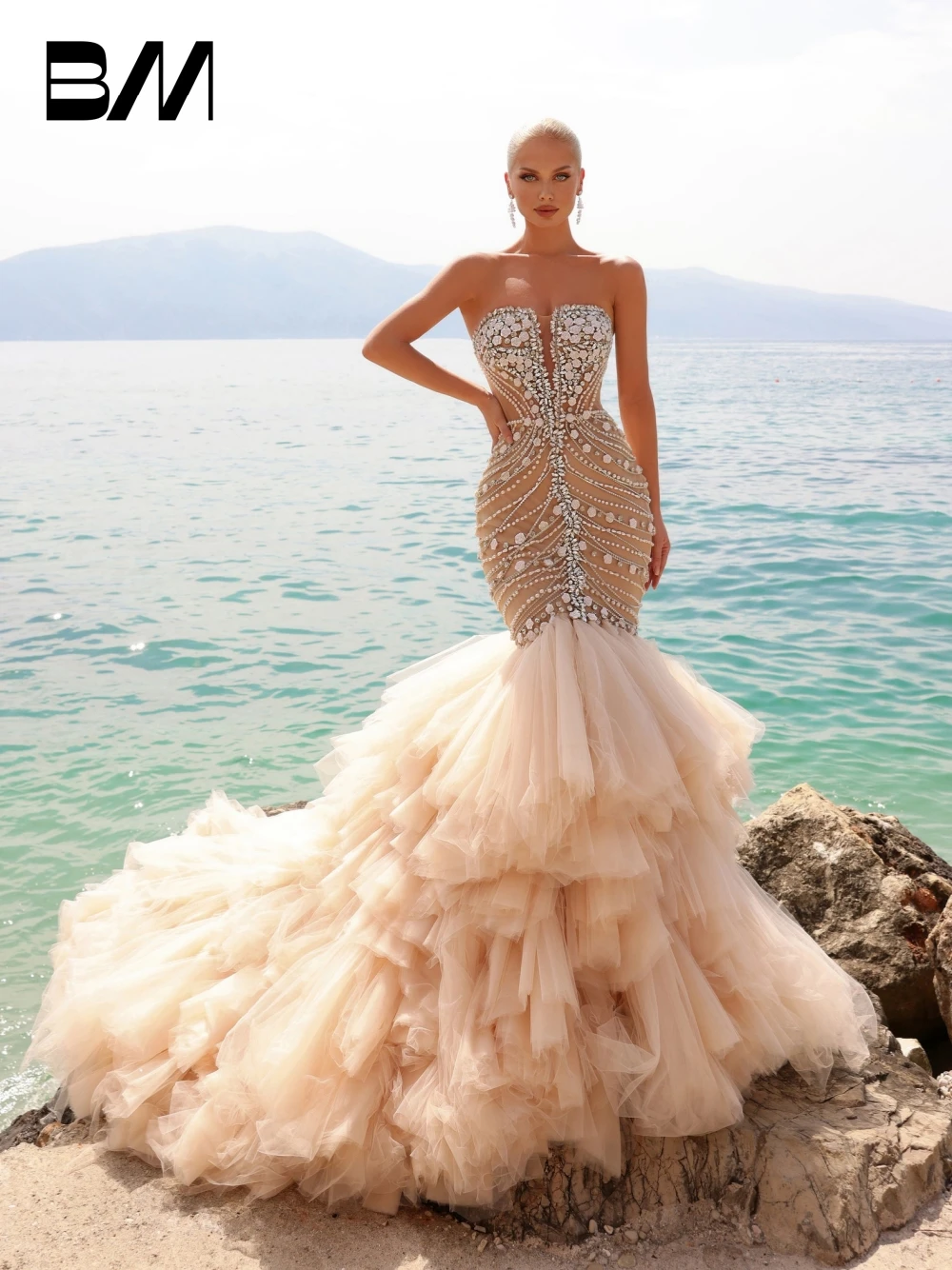 Charming Strapless Evening Dress Chic Beaded Tulle Mermaid Prom Dress Women Formal Events Crystal Customized Cocktail Wear