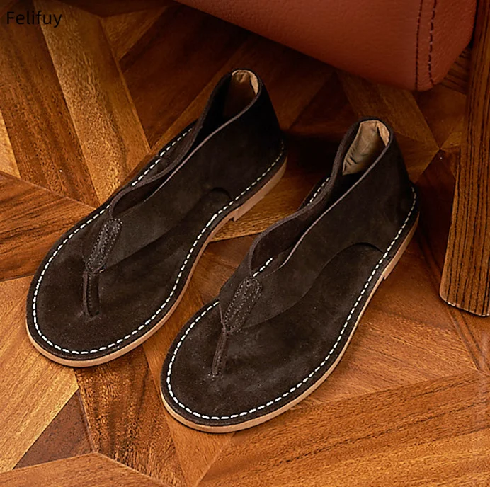 Men’s Retro Flat Sandals Cow Suede Genuine Leather flip-flop Casual Simple Comfortable Breathable Soft Leather Flat Sandals
