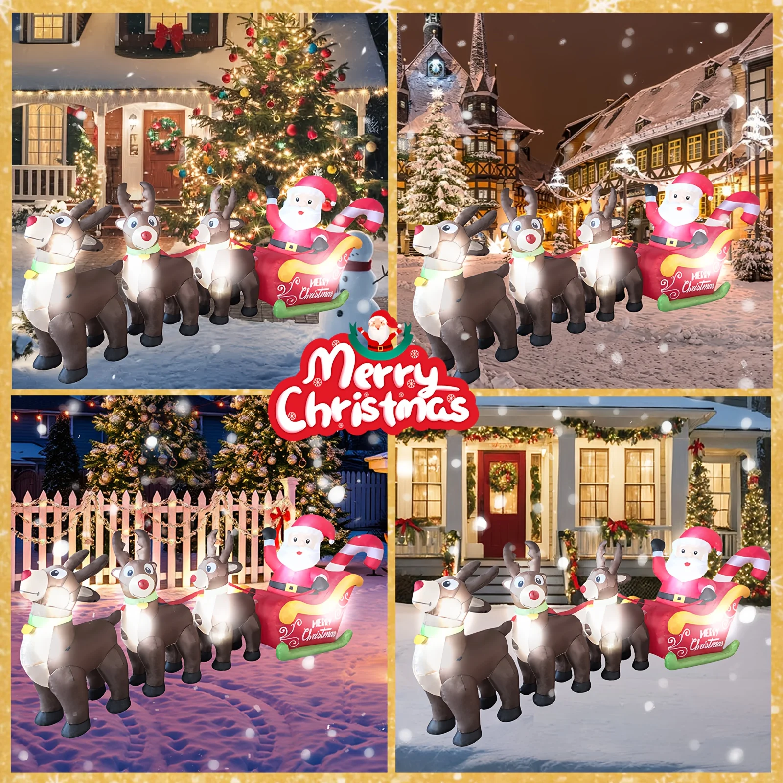 2026 New 9.8FT Christmas Big Inflatable Santa Sleigh with 3 Reindeer LED Blow Up Outdoor Yard Decor for Garden Lawn Holiday Party lovely Santa Claus LED Lighted