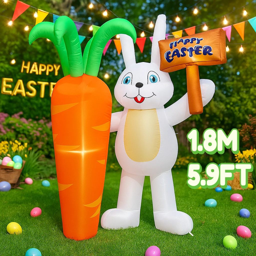 

1.8M/5.9FT Inflatable Easter Toy DIY Decor Rabbit Holding Carrot Sign LED Light Gift Ornament for Holiday Outdoor Garden Yard