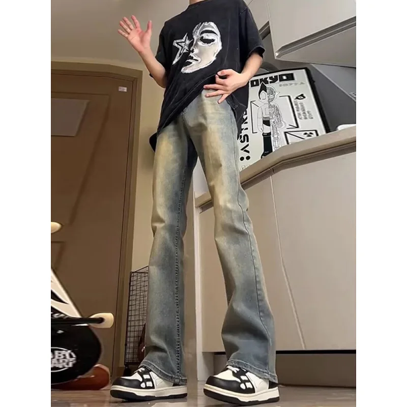 Summer High Street Jeans Men's American Retro Heavy Black Straight-leg Pants Trendy  Micro-pull Versatile Slightly Spicy Pa