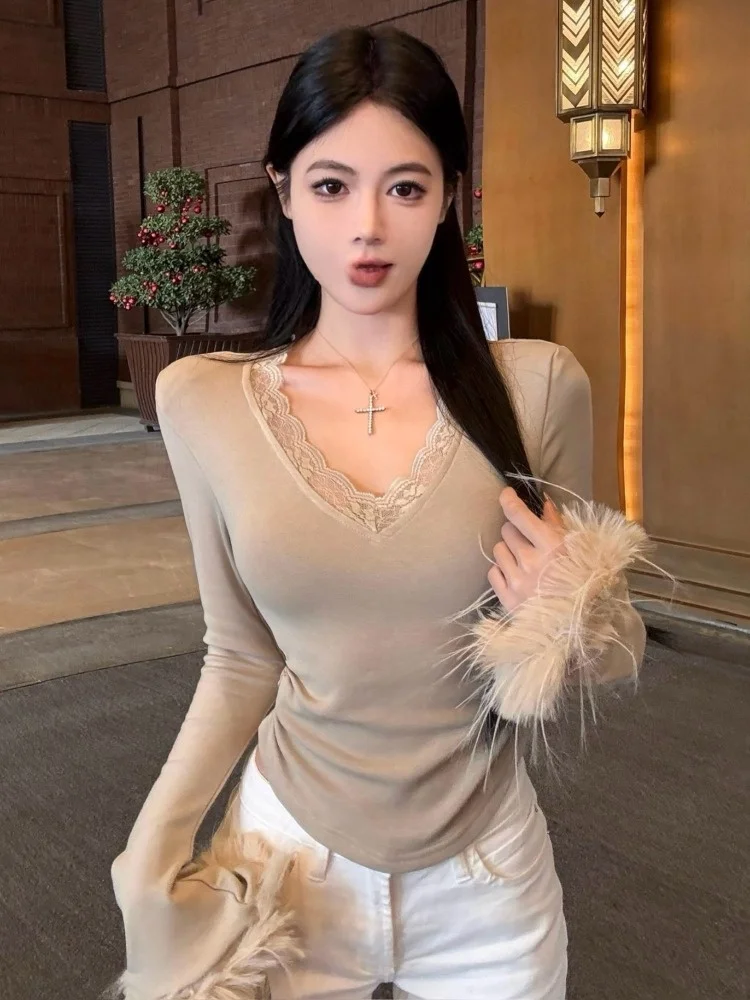 

Autumn Winter New Style Fleece Pure Desire Spicy Girl Lace Splice Fur Sleeve V Neck Slimming Long Sleeve Base Shirt