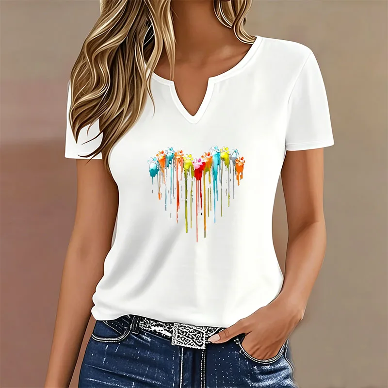 Vintage Watercolor T-shirt V Neck Casual Fashion Y2k T Shirts Women Short Sleeve Tee Shirt V-Neck Summer Spring