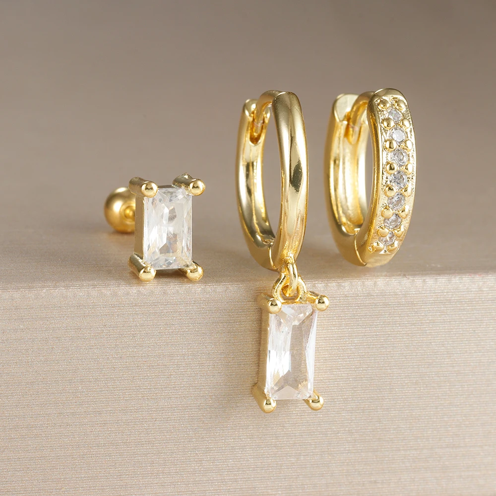 3PCS Luxury Design Square Zircon Hoop Earrings Set for Women Tiny Stainless Steel Leaf Round Cartilage Earring Piercing Jewelry