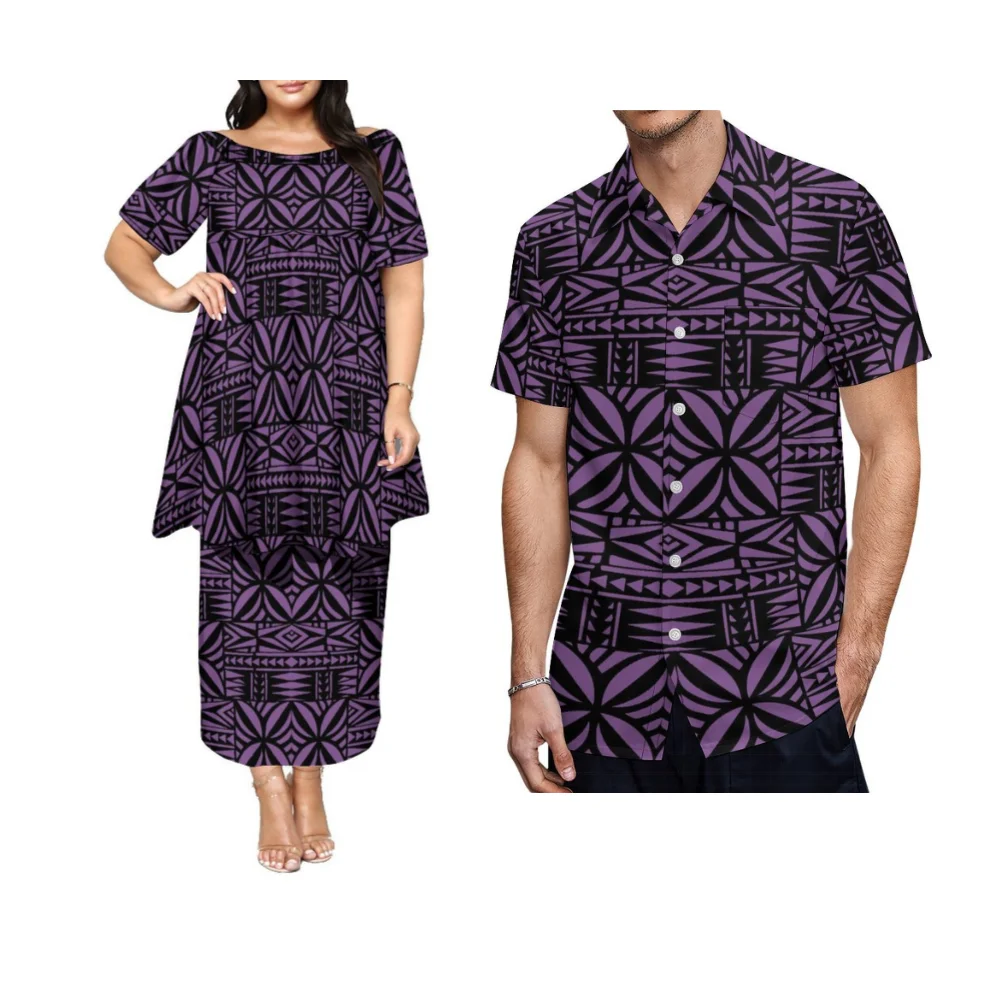 Livre de impostos manga borboleta manga média saia dupla camada puletasi vestido feminino polinésia personalizado casal terno camisas masculinas