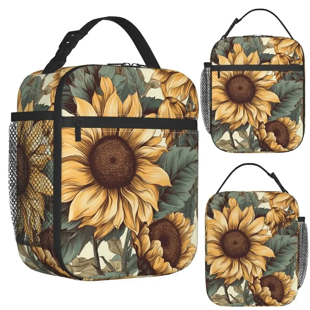 Golden Sunflower Cluster Vintage Botanical Drawing Insulated Lunch Bag for Kids School Cooler Thermal Food Box Tote Lunch Boxes