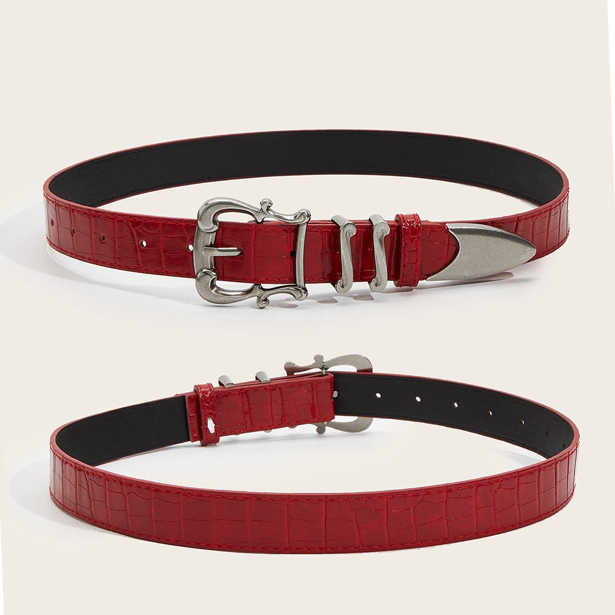 Hochwertiger Luxus-Designer-Gürtel mit Krokodilmuster in Rot für Damen, neue Mode, schwarzer Nischen-Gürtel für Röcke und Jeans, Punk-Accessoires. – Detail 3