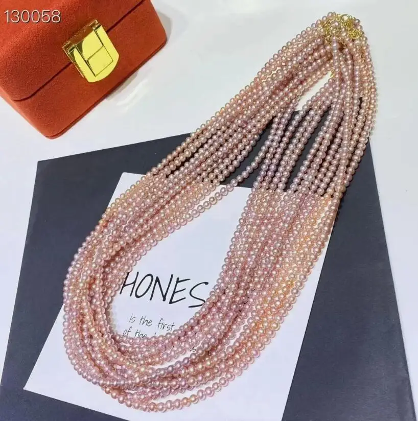 

AAA 4-5mm natural genuine south sea pink pearl necklace 925s 16''