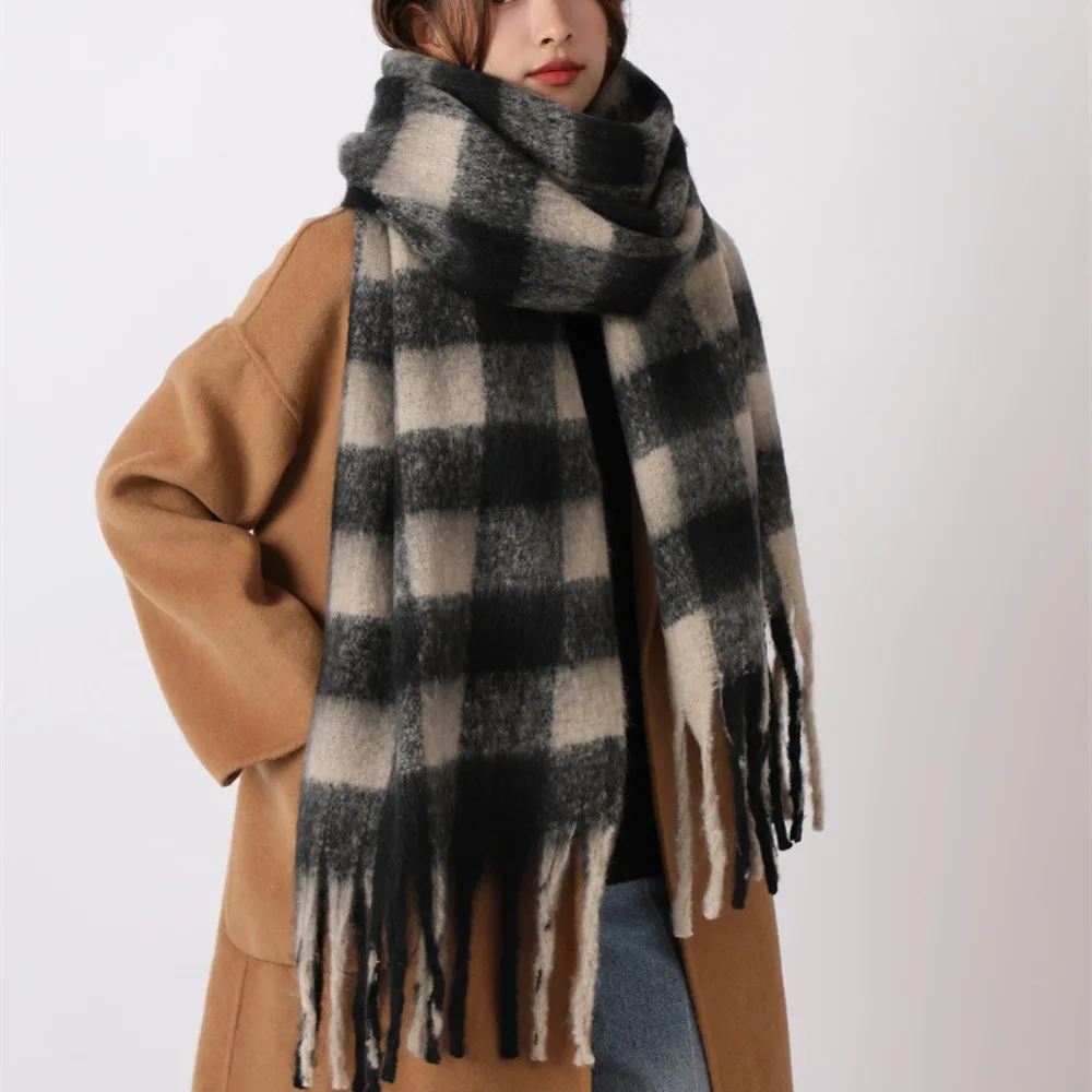 

Retro Mohair Plaid Wool Scarf Plush Thicken Winter Cashmere Scarves Warm Solid Color Long Shawl Girl