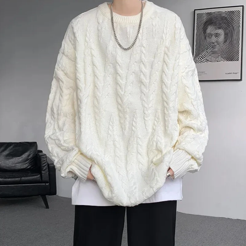 

Новый мужской свободный свитер с круглым вырезом, корейский легкий роскошный вязаный пуловер с длинными рукавами, повседневная однотонная уличная одежда, трикотаж для отдыха