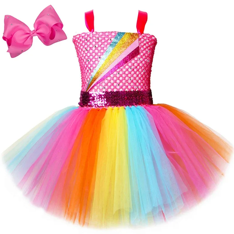 

AD1 Hot Pink Jojo Siwa Costumes for Girls Rainbow Princess Dresses with Big Bow Hair Clip Kids Birthday Ballet Tutus New Ye5@rD~