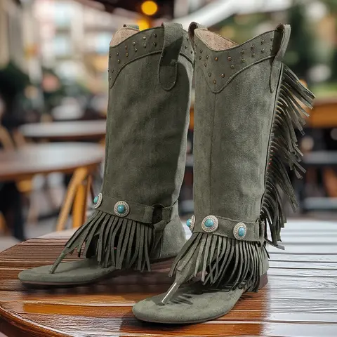 Damsandaler med vintage- och fransmönster och nitar, bohemiska höga slingor 8 best sales nitade sandaler - №1