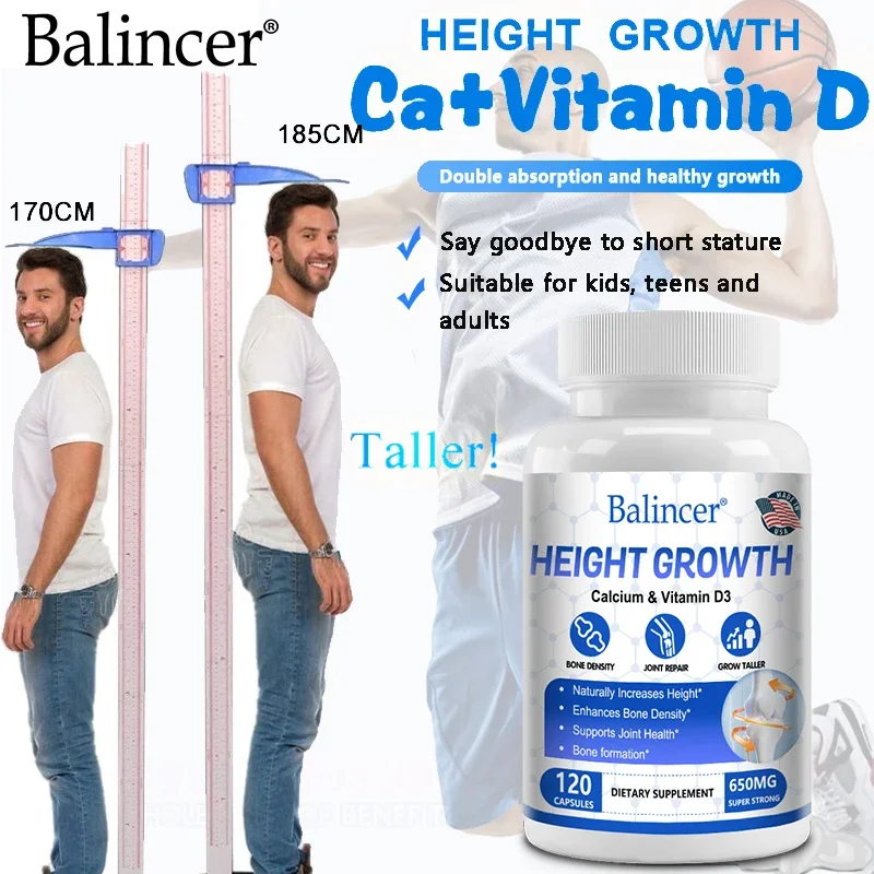 Height growth supplement contains calcium and vitamin D3 to help increase height, bone density, and joint health support