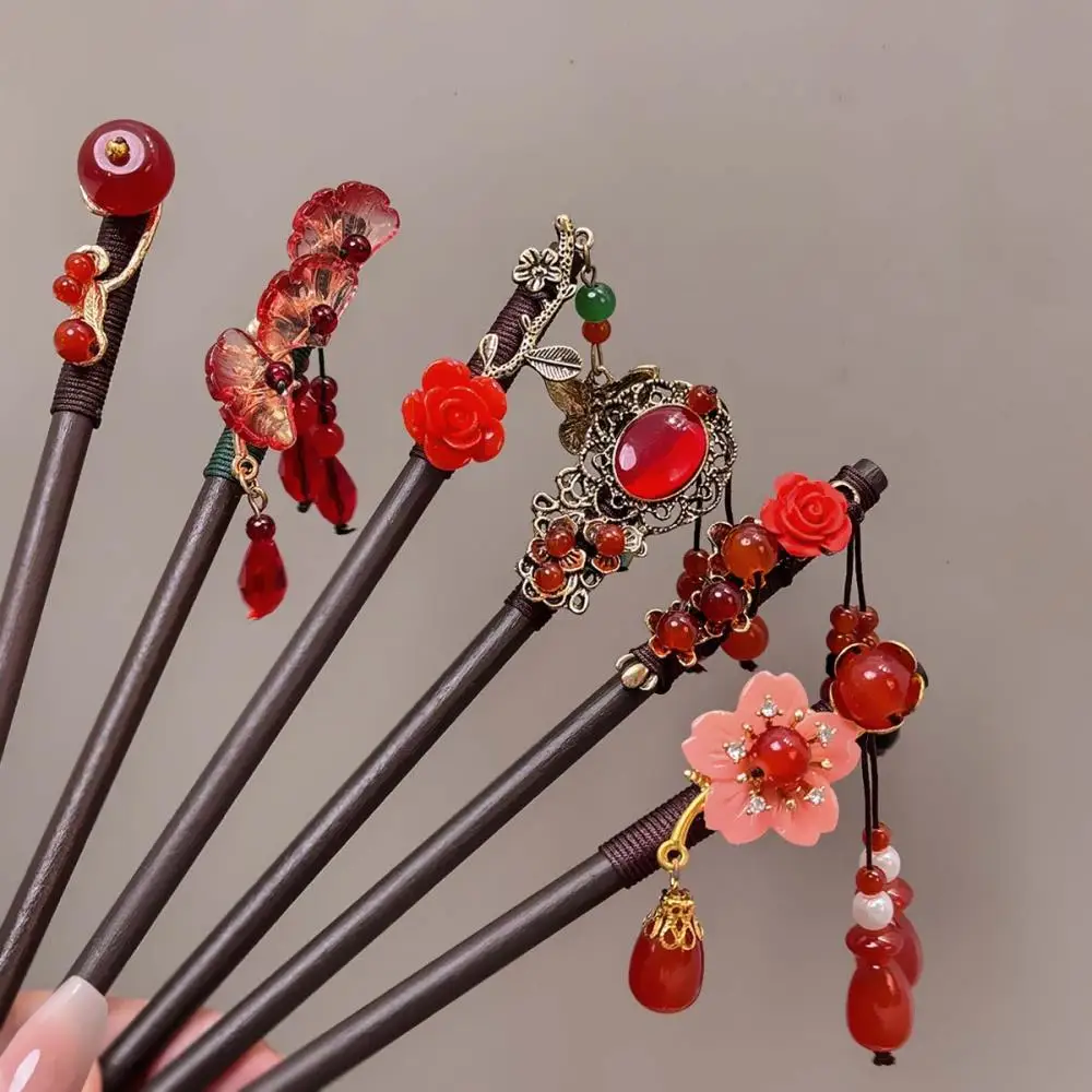 New Chinese Style Red Flower Hair Clip Tassel Hair Stick Floral Design Hairstyle Jewelry Accessory for Women Hairpin Hairneedle