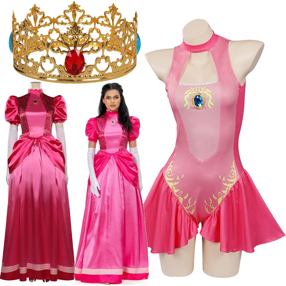 Princesa Cos Peach Cosplay Traje para Mulheres, Vestido Fantasia, Coroa, Maiô, Disfarce, Halloween, Festa de Carnaval, Terno Rosa