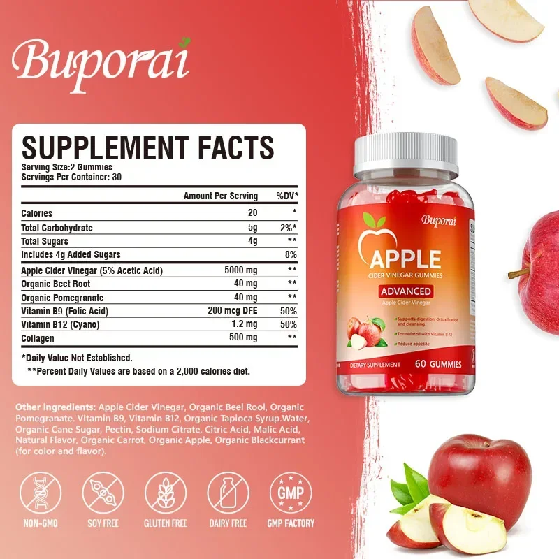Apple Cider Vinegar Gummies - Boost Energy, Detox, Burn Fat, Flat Belly, Intestinal Health, Body Management