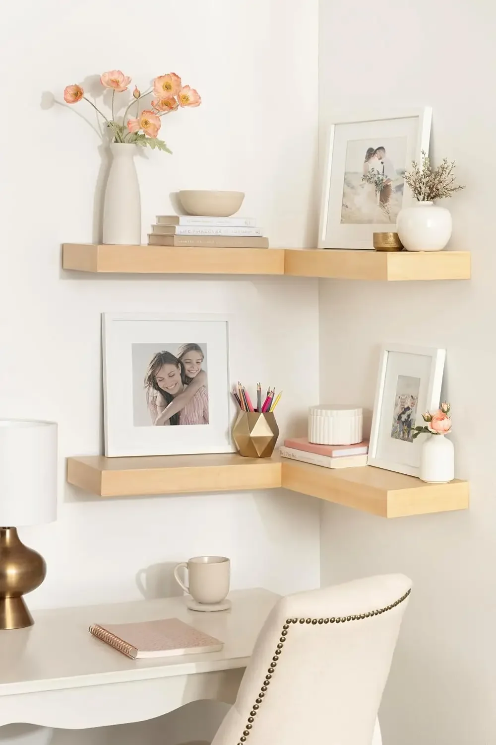 Kate and Laurel Havlock Modern Wood Two-Piece Floating Corner Shelf Set, 26 x 8 x 3, Natural Wood, Wooden Corner Shelving with U