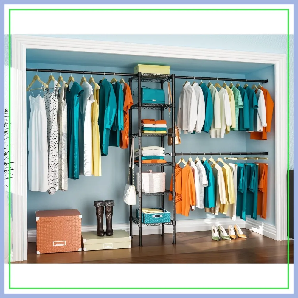 

6-Tier Heavy Duty Metal Garment Rack, 700LBS, Wall Mounted, 5.4-8.7 ft Width Adjustable, 71.2"H x 14"D, Space Saver Closet Storage Organizer System