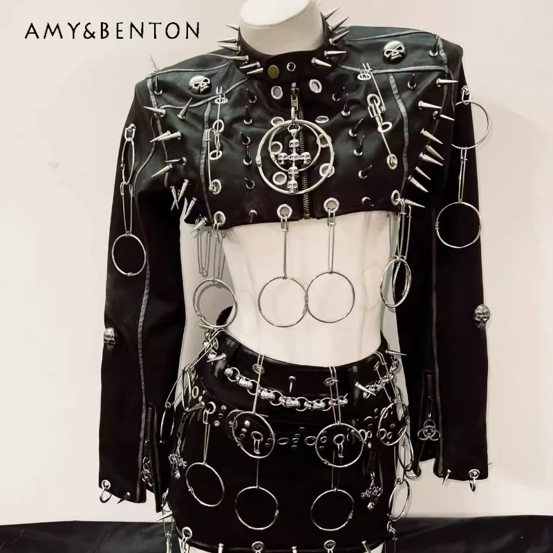 

Original Design Black Y2K Gothic Punk Style Rivet Women's Long Sleeve Coat 2025 New Sweet Cool Hot Girl Mini Skirt Set Ladies