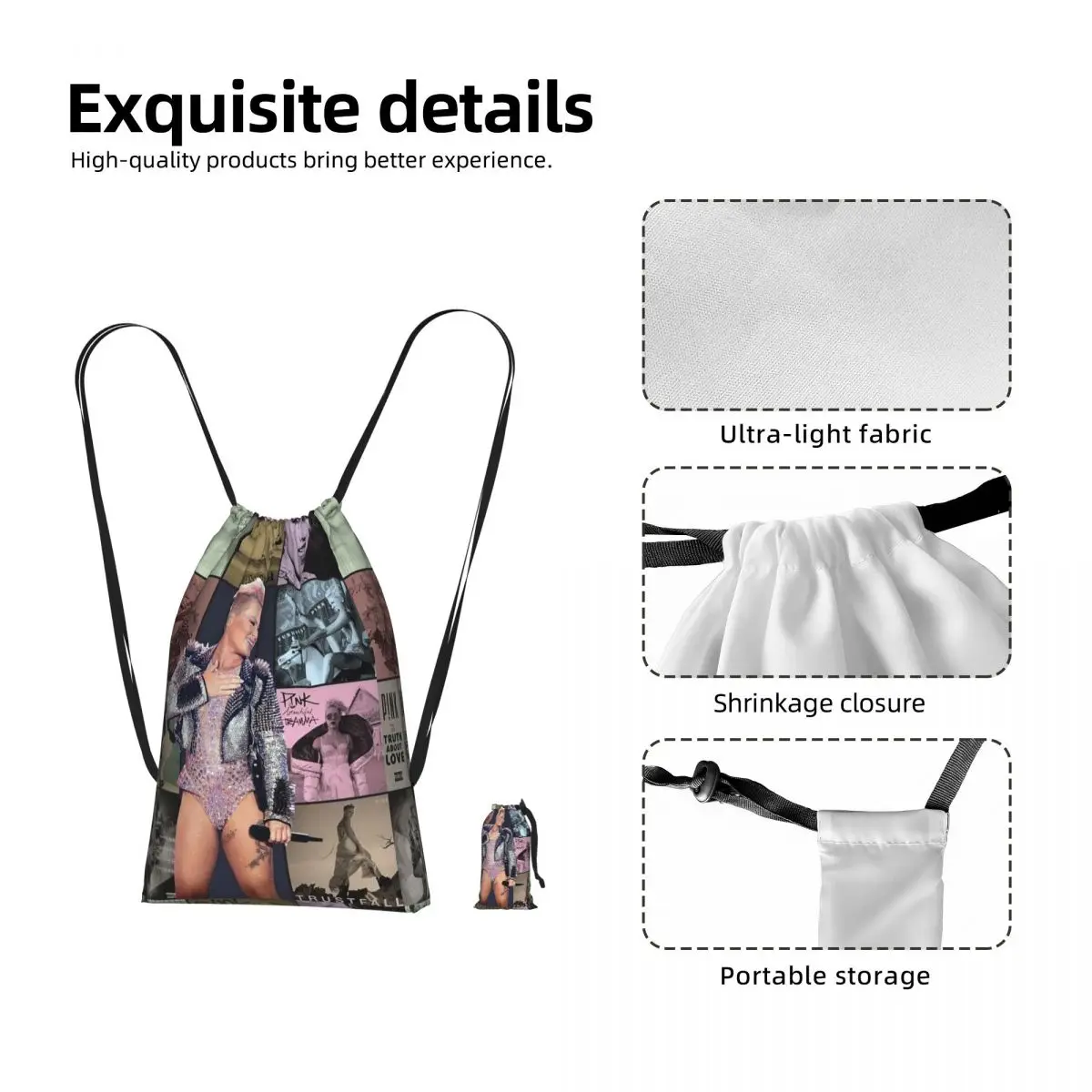 Pink P!nk Cool Singer Country Music Drawstring Backpack Sports Gym Bag Lightweight Foldable Storage Drawstring Bag for Men Women