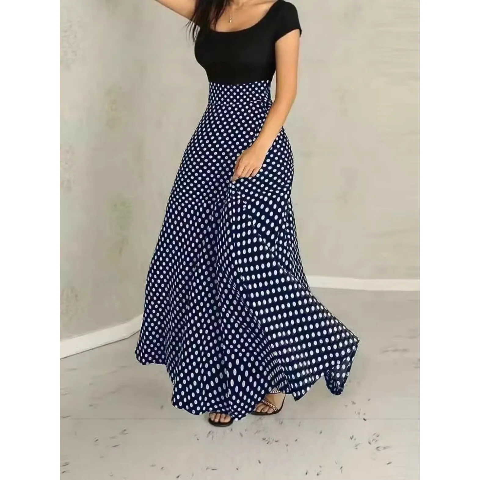 Elegant Retro Polka Dot Print High Waist A-Line Long Skirt Women's Fashion Spring Collection Neutral Fit Other Material