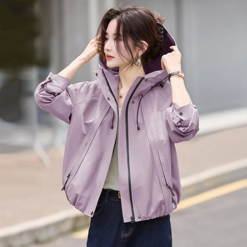 

Spring Autumn Oversized Bomber Jacket Women's Hooded Coat Zip-Up Sweatshirt Long Sleeve Top Design Outerwear Patchwork Jacket