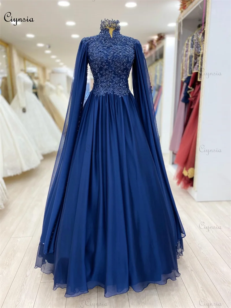 Ciynsia Royal Blue Formal Dress A-Line Robe De Soirée De Mariage Lace Beads Muslim Hijab Evening Gowns Long Sleeves Prom Dresses