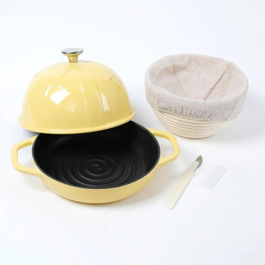 

HAWOK Cast Iron Bread Cloche Dia. 7.8inch 20cm 0.95qt with Proofing Basket and Dough Scoring Knife Sourdough Baking Pan Enamele
