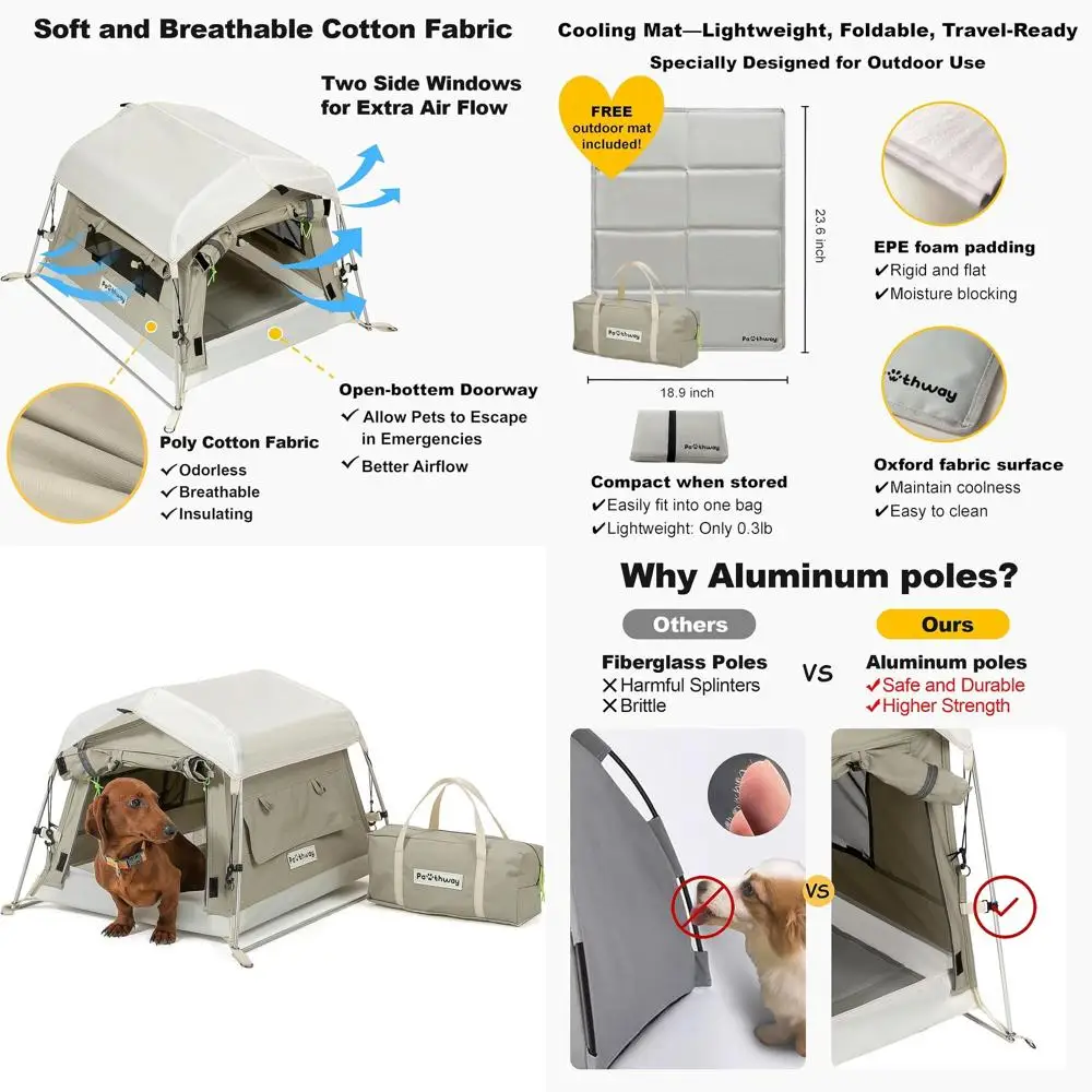 

Cotton Fabric Dog Tent with Poles, Camping Mat, Weatherproof Outdoor, Breathable, 2 Side Windows, Portable Collapsible, Gray, Sm