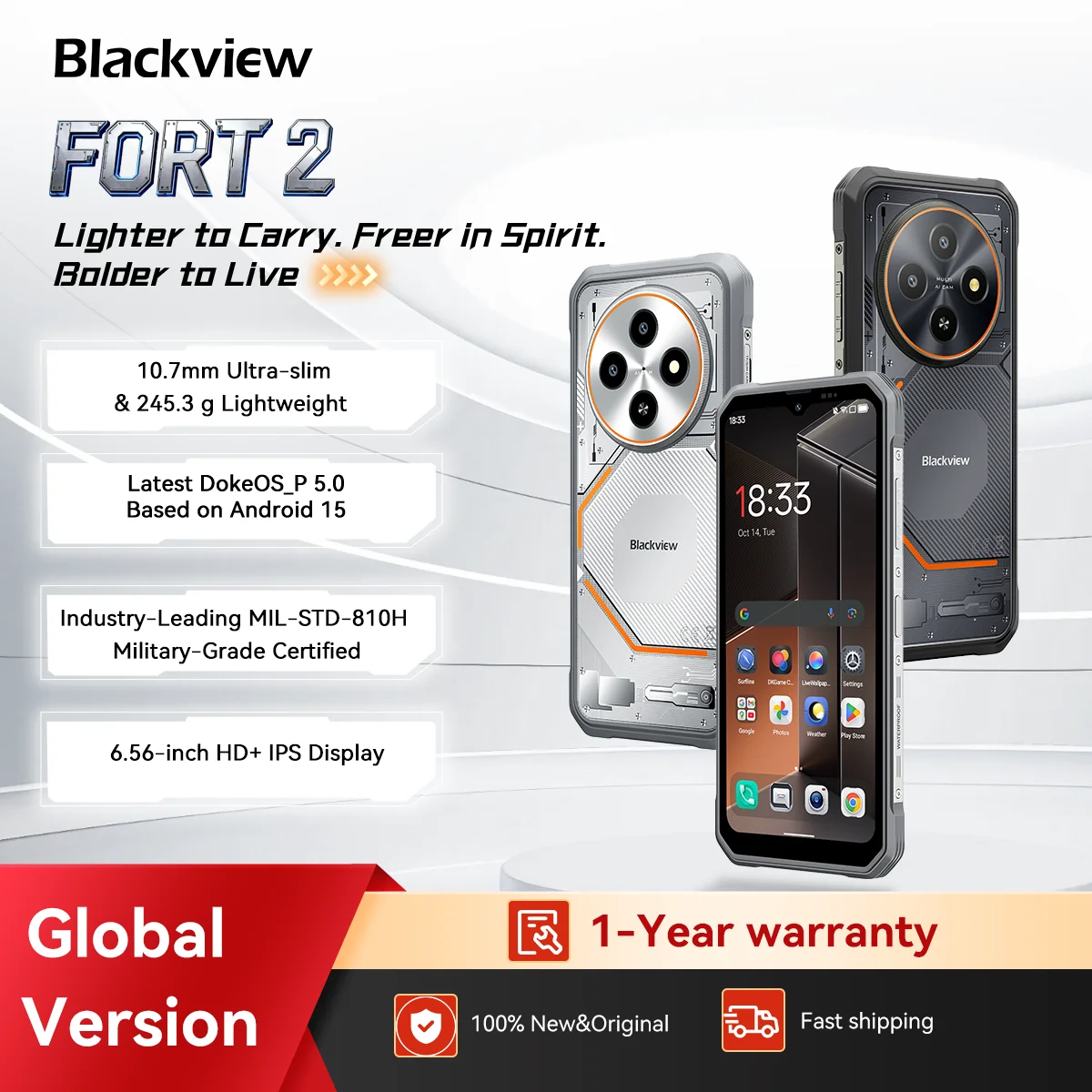 Blackview FORT 2 Smartphone, 6.56'' HD+ IPS Display,MediaTek Helio G81 Processor,5000mAh Battery,Outdoor Rugged Mobile Phone