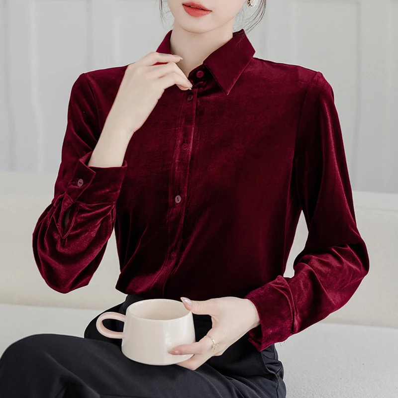 Elegant Autumn Winter Office Lady Basic Tops Vintage Long Sleeve Velour Blouses Women Fashion Turn Down Collar Button Shirts