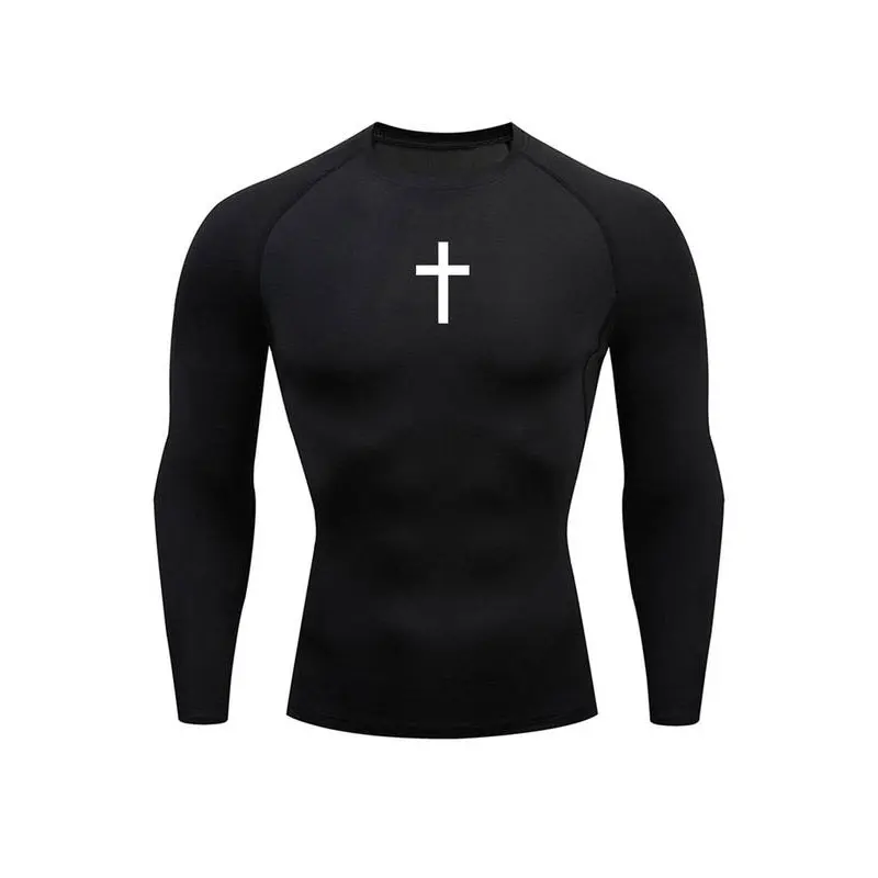 Camiseta deportiva con cuello redondo y estampado cruzado, mangas largas ajustadas de secado rápido, adecuada para hombres que hacen ejercicio en el gimnasio