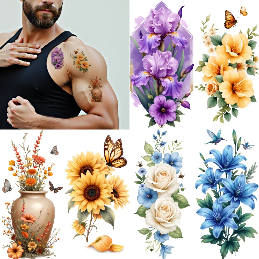 

9pcs Temporary Tattoo Roses Waterproof Long-lasting Body Stickers Iris Flowers Butterflies Temporary Tattoo Stickers Vase For