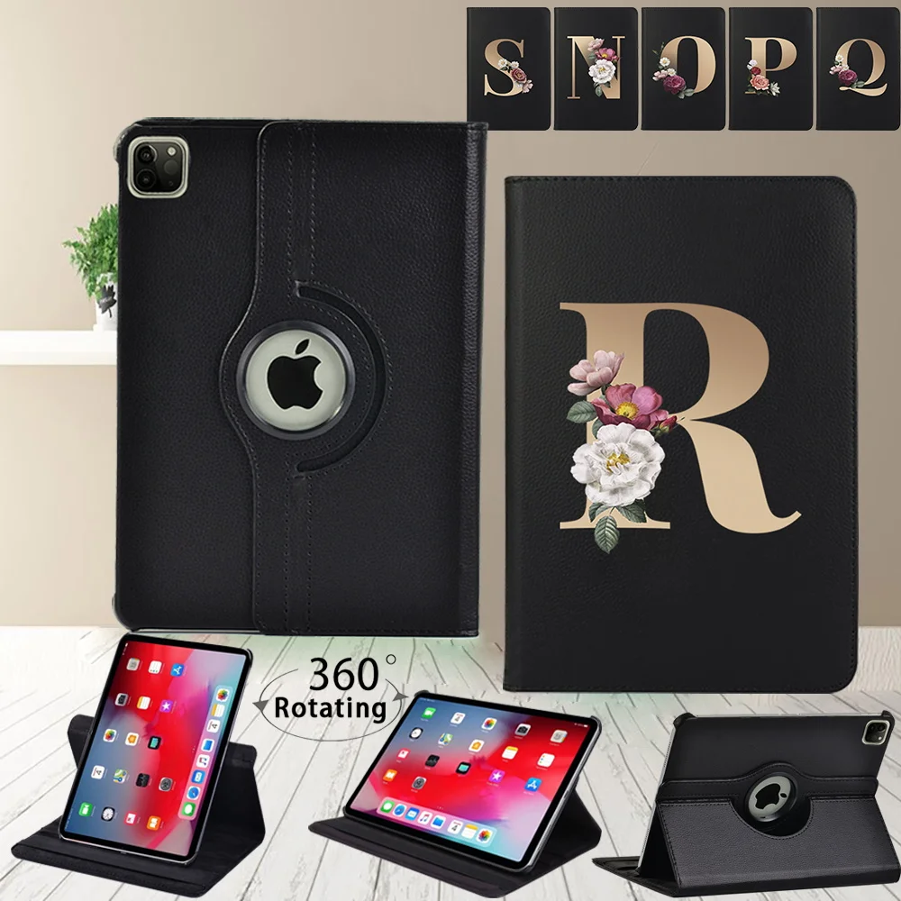 360 Degree Rotating Tablet Case for Apple iPad 10.2 inch 9th Generation 2021 Gold Letter Flip Smart Stand Cover