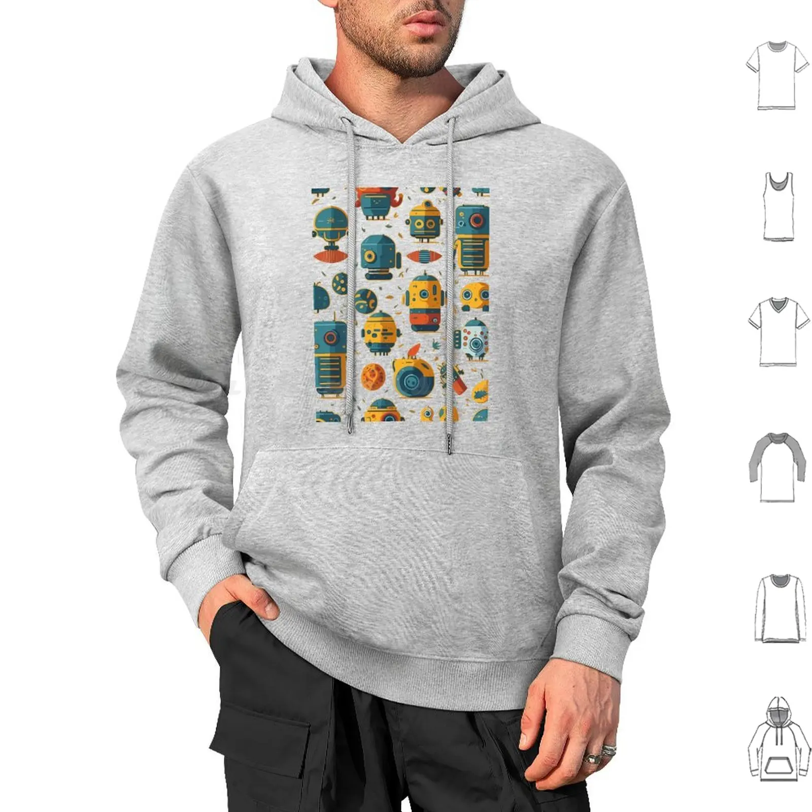 Robot Helpers Pattern Hoodie cotton Long Sleeve Robot Android Pattern Fun Colorful Happy Cartoon Yellow Green Blue