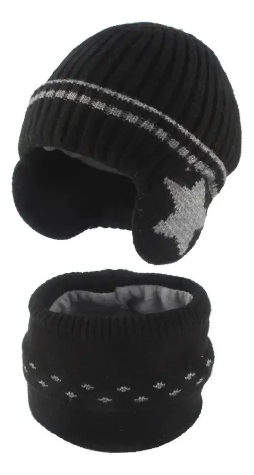 2pcs Thick Warm Winter Kids Hat and Scarf Set | Beanie with Earflaps & Matching Neck Gaiter for Boys, Star Pattern