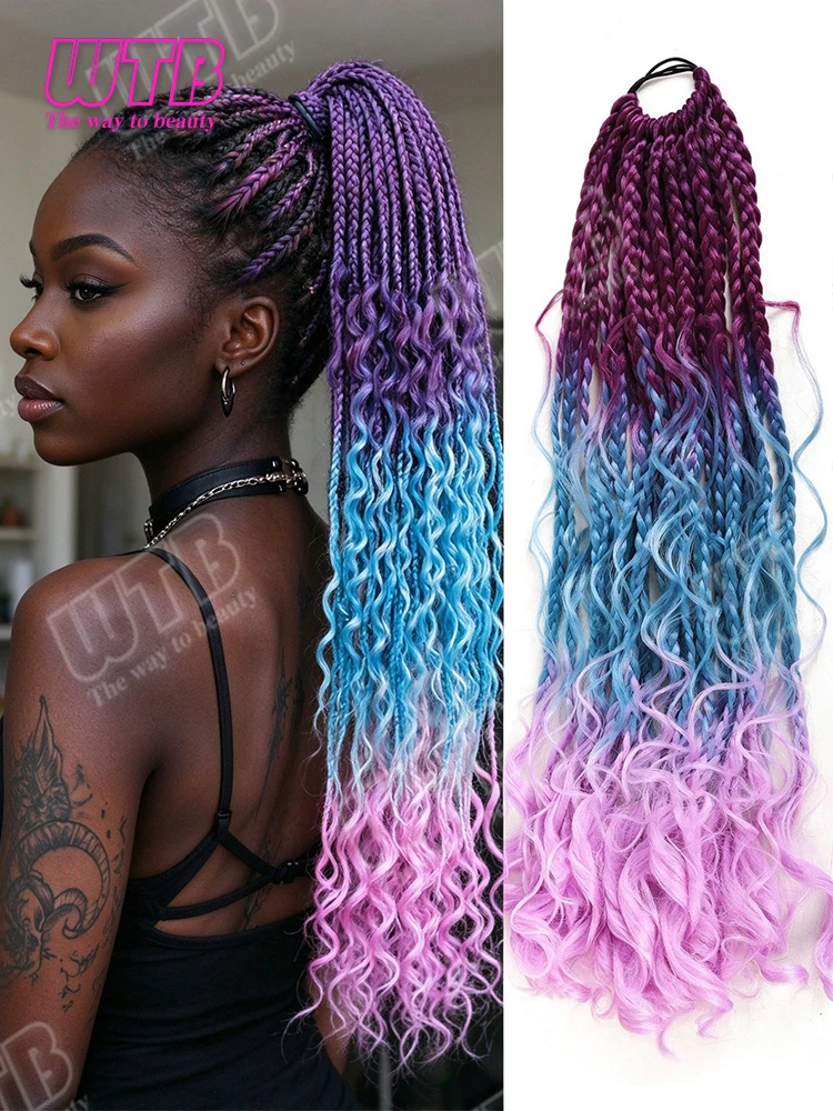 WTB Bohemian Braided Ponytail Extension Synthetic Hair Colorful Braids Hairpiece Elastic Band Style for Women Daily Party Holida