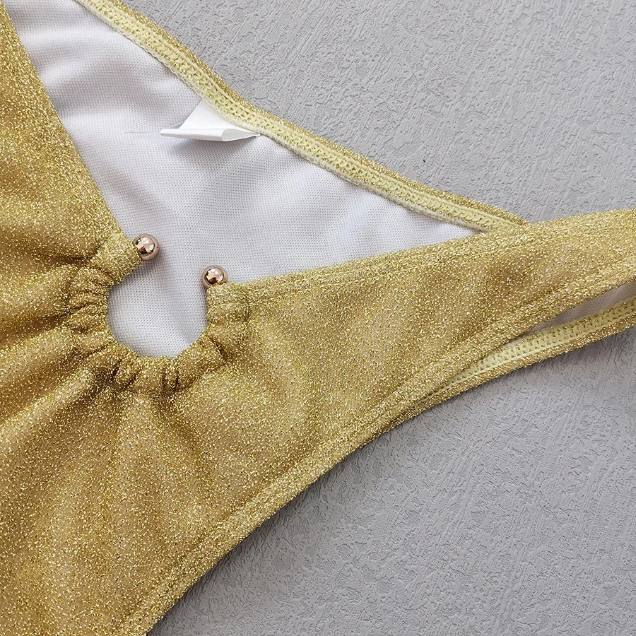 Sexy Gold-Glitzer-Bandeau-Bikini-Sets, zweiteilig, Metallring, Tanga, Badeanzug, Badeanzug, Bademode, Biquini, Bakini, Tankini
