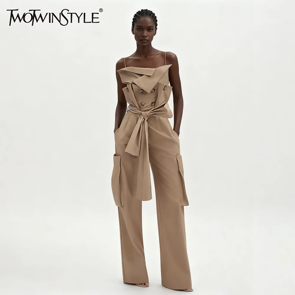 TWOTWINSTYLE Solid Slimming Spliced Buttons Fashion Jumpsuits for Women Square Neck Sleeveless Patchwork Pockets Jumpsuit Female