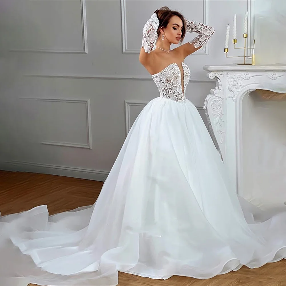 

Сексуальные кружевные свадебные платья трапециевидной формы с v-образным вырезом и длинными рукавами на заказ 2026 Vestido De Noival